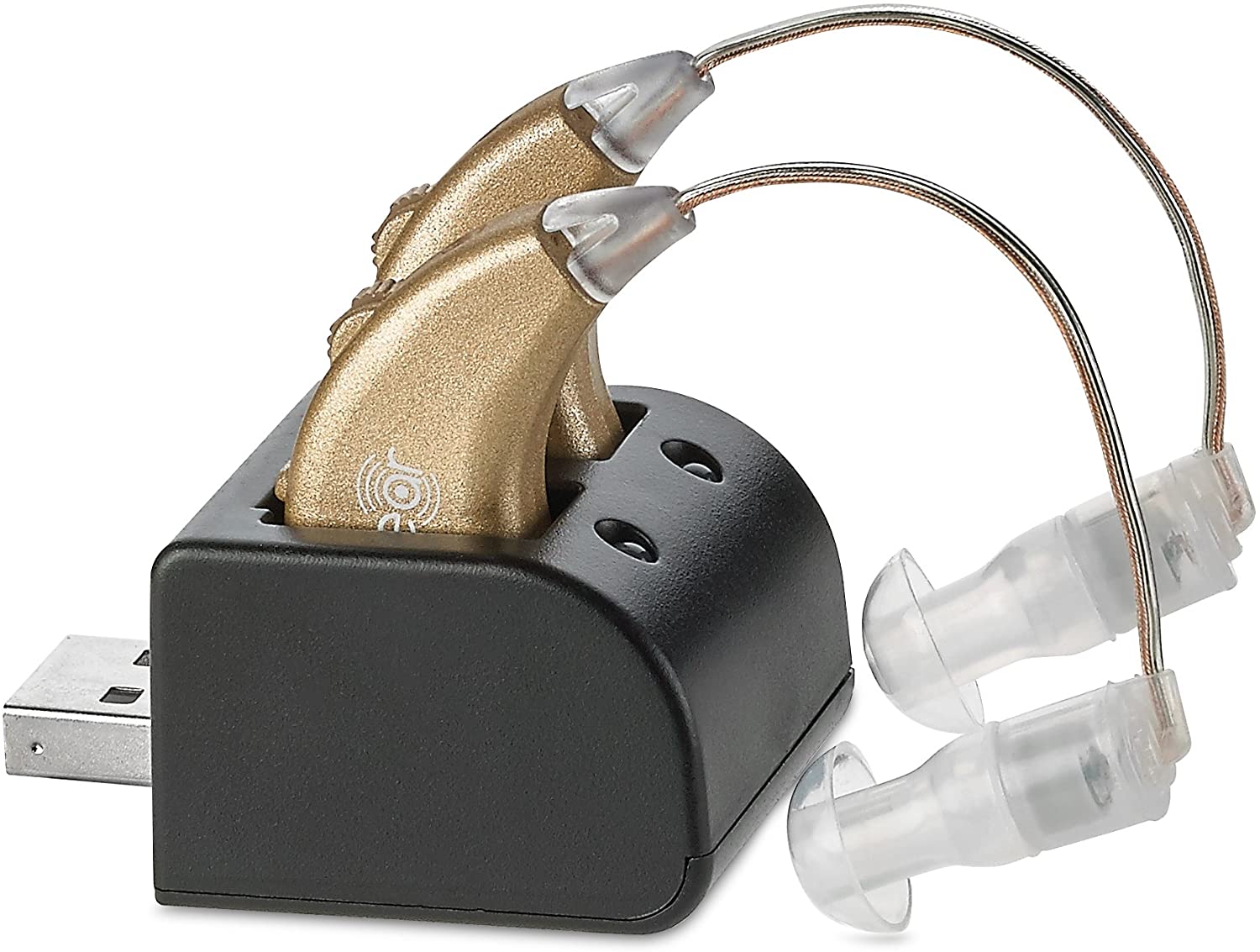 Rechargeable Digital Sound Enhancers, Pair of Lightweight Behind-the-Ear Audio Amplification Devices with USB Dock