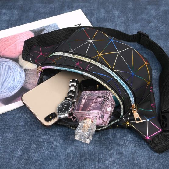 flintronic Waist Bag, Holographic Fanny Pack with PU Leather, Shiny Belt Bag Festival Rave Bumbags for Ladies Travel Party Sports Running Hiking(Black)(1 Business Card Holder Include) - Image 2
