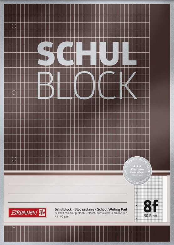 Brunnen 1052608 School Pad/Notepad A4 50 Sheets 5 x 7 mm Top-Glued Punched Graph Paper with Margin Line Style 8F 90 g/m²