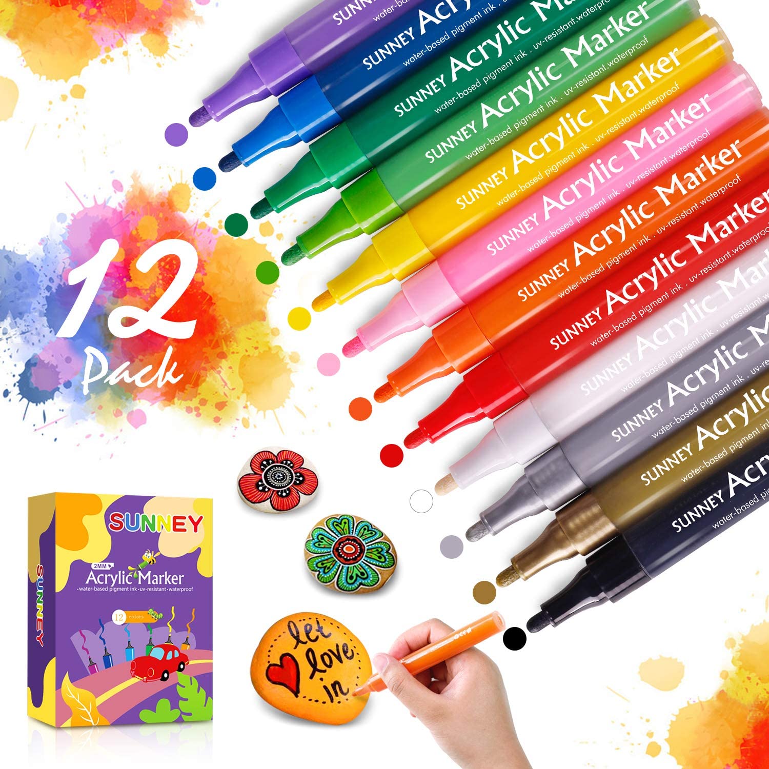 Acrylic Pens for Stones, 12 Colours Acrylic Pens, Marker Pens