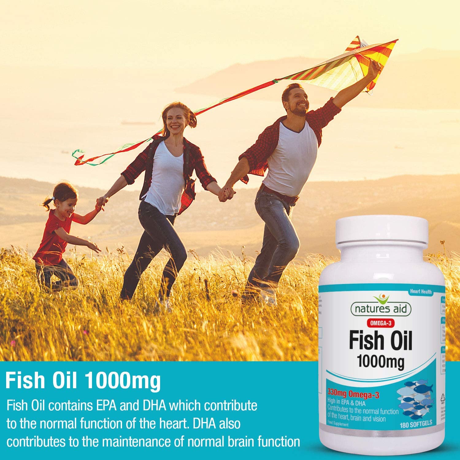 Natures Aid Fish Oil 1000mg, High Strength Omega-3 Supplement, Pure EPA & DHA, Supports Heart, Brain, Vision & Joint Health - Image 2