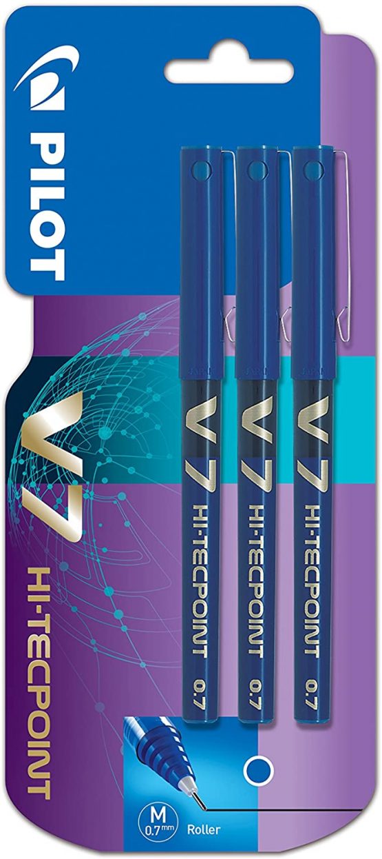 Pilot V7 Hi-Tecpoint Rollerball Pen, 0.7 mm Tip - Blue, Pack of 3
