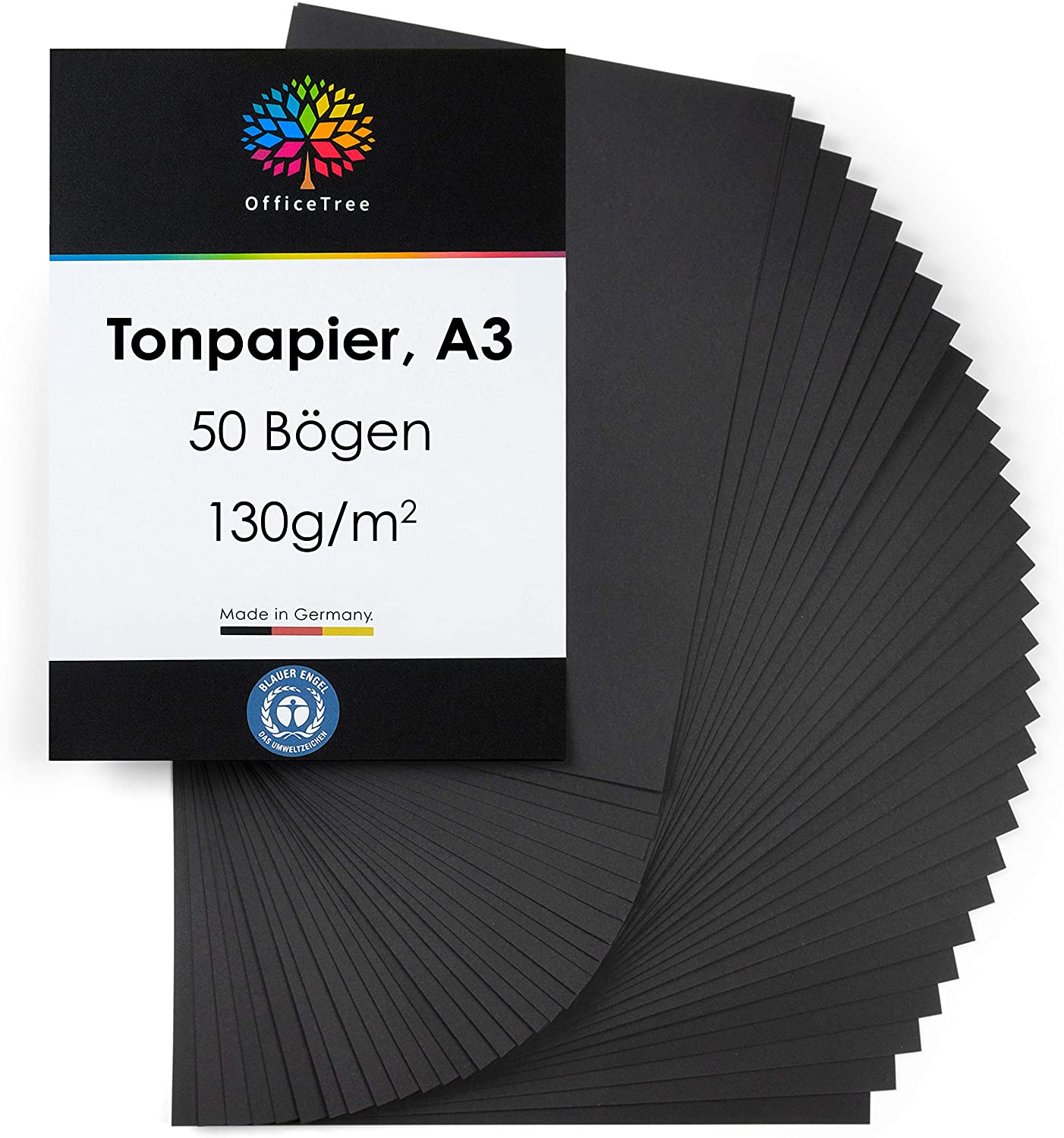 OfficeTree 50x Black Paper A3 - 130 GSM - 50 Sheets A3 Black Card for Crafting Drawing Painting and Scrapbooking - Coloured Card
