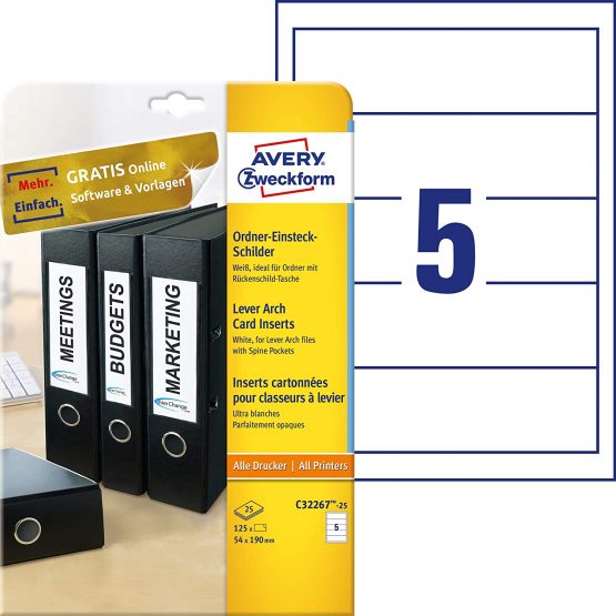 ADZ C32267-25 Card Inserts for Lever Arch Folder Spines by Leitz and Elba Non-Coated Micro-Perforations 170 g 54 x 190 m White 25 Sheets