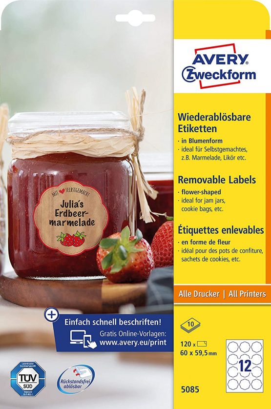 Avery Zweckform 5085 Jam Labels – A4 – 120 Labels, Removable, Flower 60 x 59, 5 mm, 10 Sheets, White - Image 2