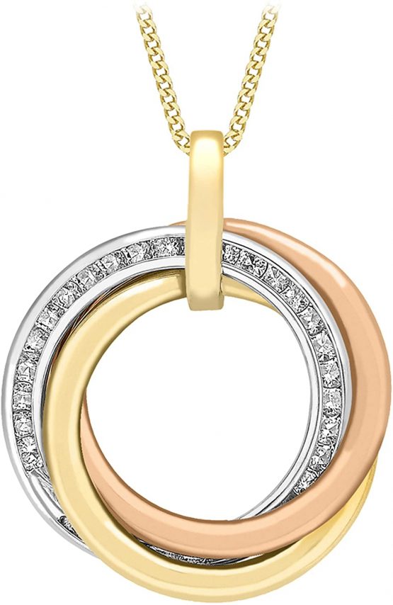 Carissima Gold Women's 9 ct Three Colour Gold Cubic Zirconia Triple Rings Pendant on Curb Chain of Length 46 cm/18 inch