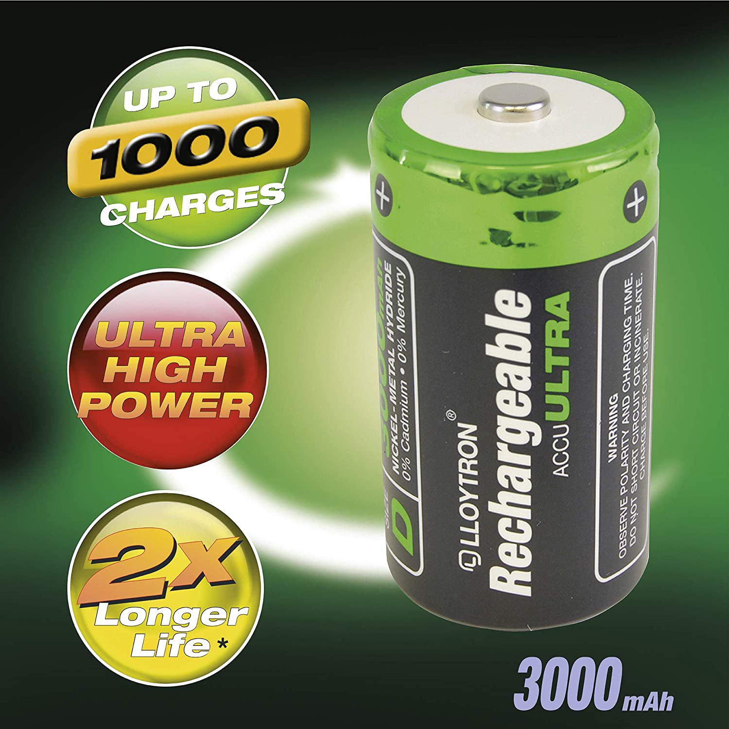 LLOYTRON NiMH Rechargeable AccuUltra Batteries / D Size / 3000mAh / 2 Pack - B017, D Size 3000mAh (2 Pack) - Image 3