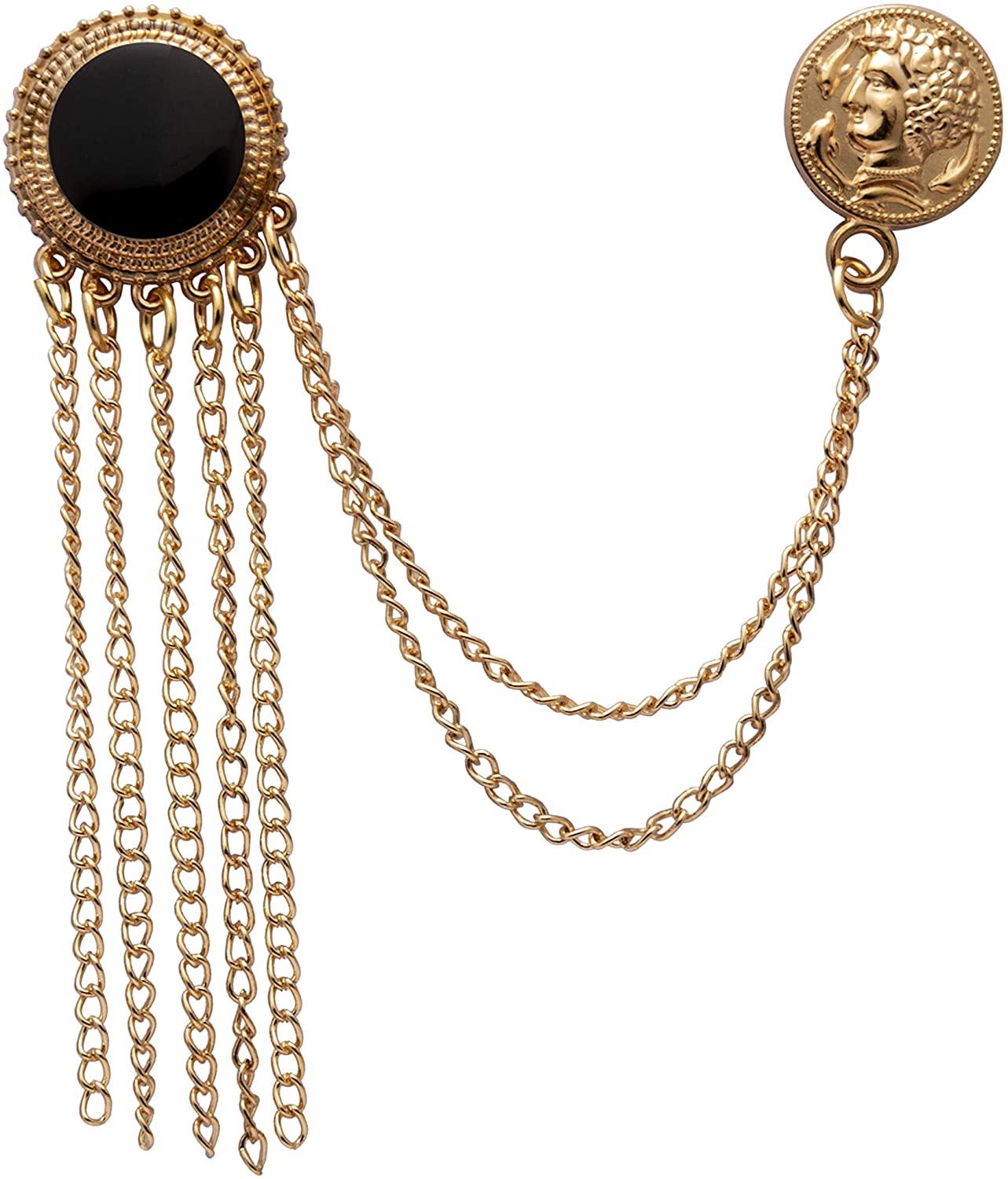 Knighthood Black Enamel with Hanging Chains and Honorary Gold Coin Detailing Lapel Pin Badge Coat Suit Wedding Gift Party Shirt Collar Accessories Brooch for Men