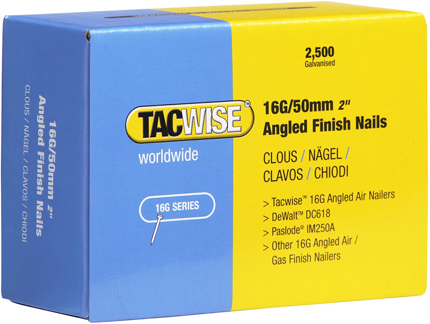Tacwise 0772 Type 16G / 50 mm Galvanised Angled Finish Nails, 20° Inclined, Pack of 2500, Silver
