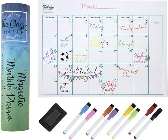 Monthly Fridge Calendar, Whiteboard Planner, Ideal for Homeschooling, Magnetic Calendar, Family Organiser Memo Board, Strong Magnet, Includes 8 Dry Wipe Markers, Eraser & Gift Box, 11.7 x 16.5in