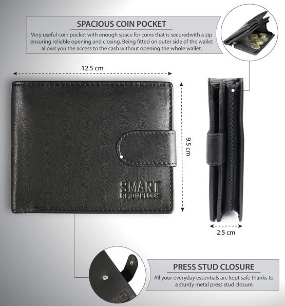 Koruma Mens Premium Genuine Leather Horizontal Wallet Smart Credit Card Blocker and Coin Pocket with RFID TUV Certified – Black 3-in-1 Wallet - Image 2
