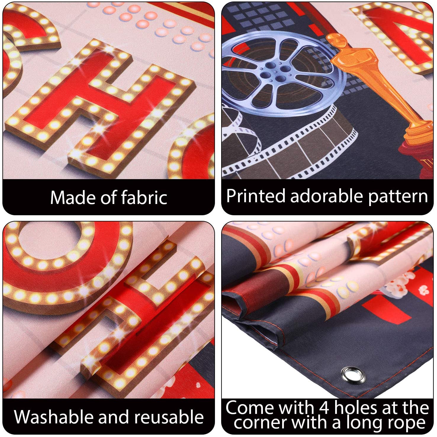 Blulu Movie Night Party Decorations 2025 Now Showing Banner 70. 8 x 15. 7 Inch Red Carpet Backdrop Decorations Movie Backdrop Birthday Party Banner Baby Shower Birthday Supplies - Image 3
