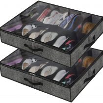 homyfort Large Heavy Duty Underbed Shoe Storage Bag with Clear Lid, Under Bed Shoes Tidy Organiser, Foldable Fabric Holder Closet, 12 Pockets x 2, 74.5 x 60 x 15 cm, Linen-like Black Pattern, XAUBSB2P