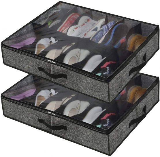 homyfort Large Heavy Duty Underbed Shoe Storage Bag with Clear Lid, Under Bed Shoes Tidy Organiser, Foldable Fabric Holder Closet, 12 Pockets x 2, 74.5 x 60 x 15 cm, Linen-like Black Pattern, XAUBSB2P