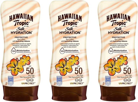 Hawaiian Tropic - Silk Hydration Protective SPF 50 - Protective Sun Lotion with Moisturizing and Water Resistant Silk Tapes, Tropical Sun Cream, Pack 3 units x 180 ml