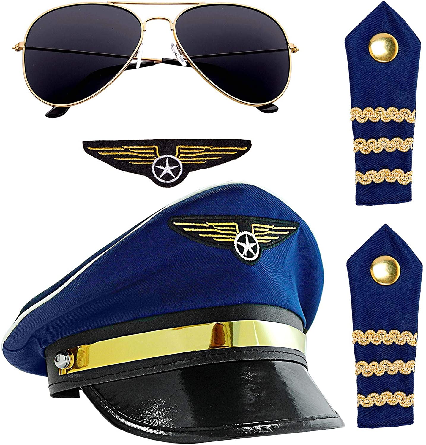 W WIDMANN MILANO Party Fashion Pilot Costume Accessories Set, Captain Hat, Aviator Sunglasses, Gold Epaulettes