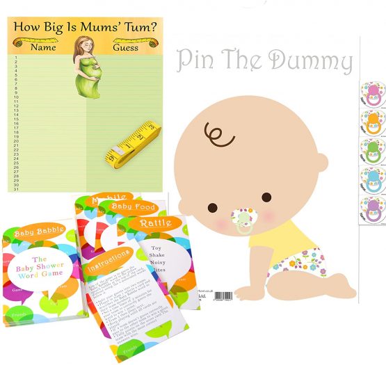 Baby Shower Games Pack for Up To 35 Players & Includes 3 Most Popular Games: Guess Mum's Tum, Pin The Dummy & Baby Word Babble Baby Shower Game. Ideal for Baby Shower Boy Game, Baby Shower Girl Game,