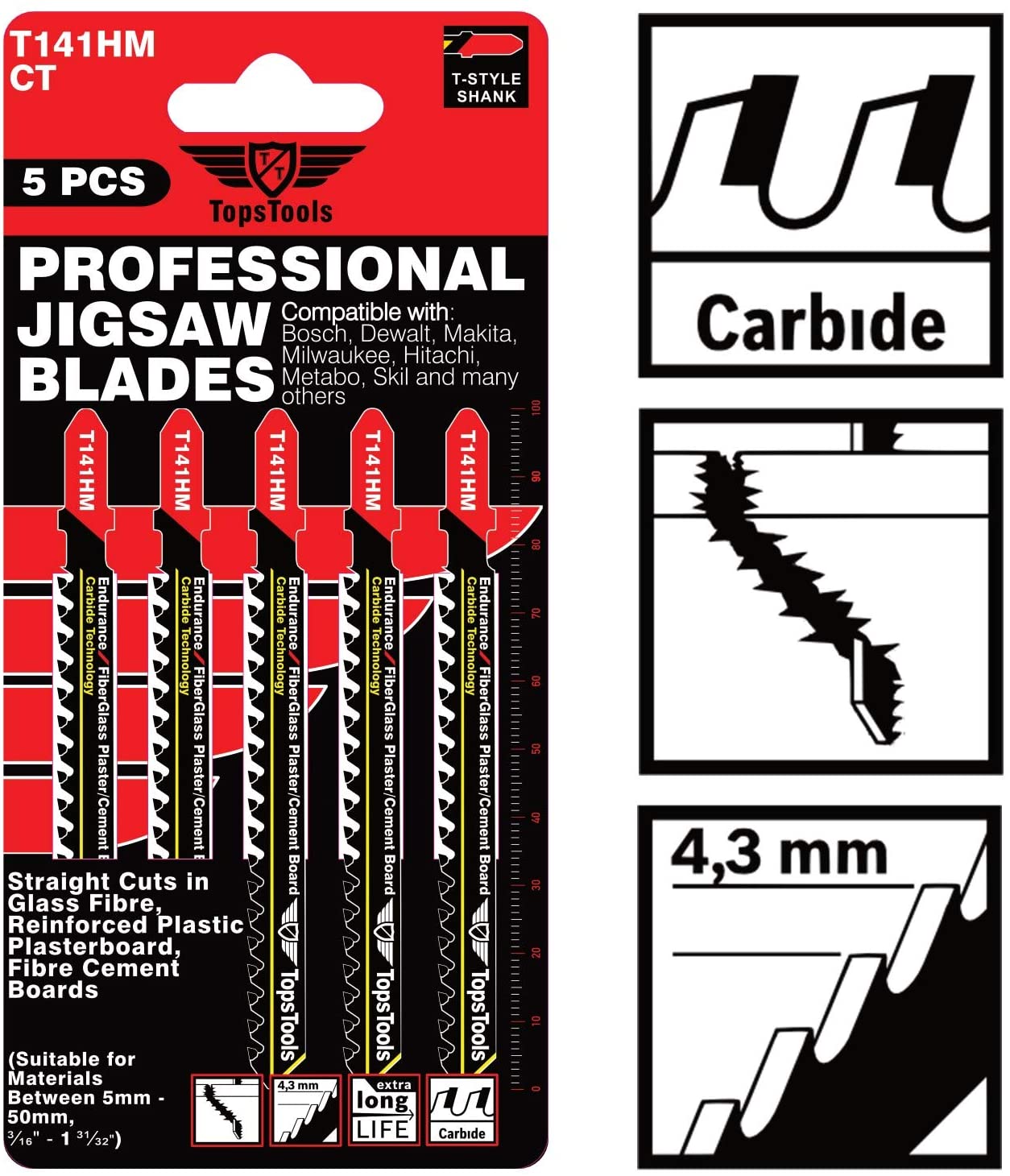 5 x TopsTools JSTT141HM T141HM 100mm Long Glass Fibre Cutting Jigsaw Blades, Black - Image 3