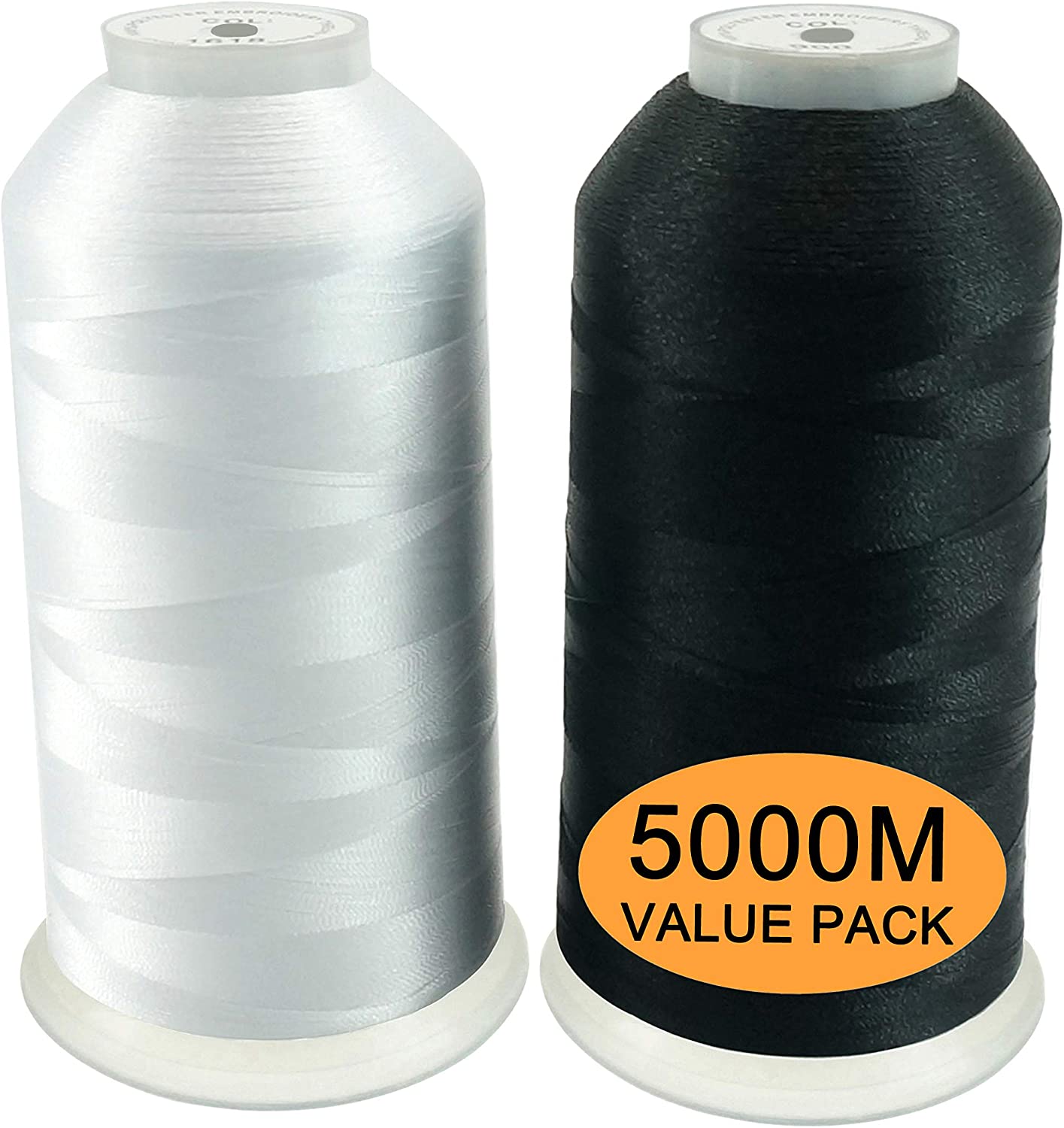 New brothread Set of 2 (White + Black) Polyester Machine Embroidery Thread Huge Spool 5000M for All Embroidery Machines