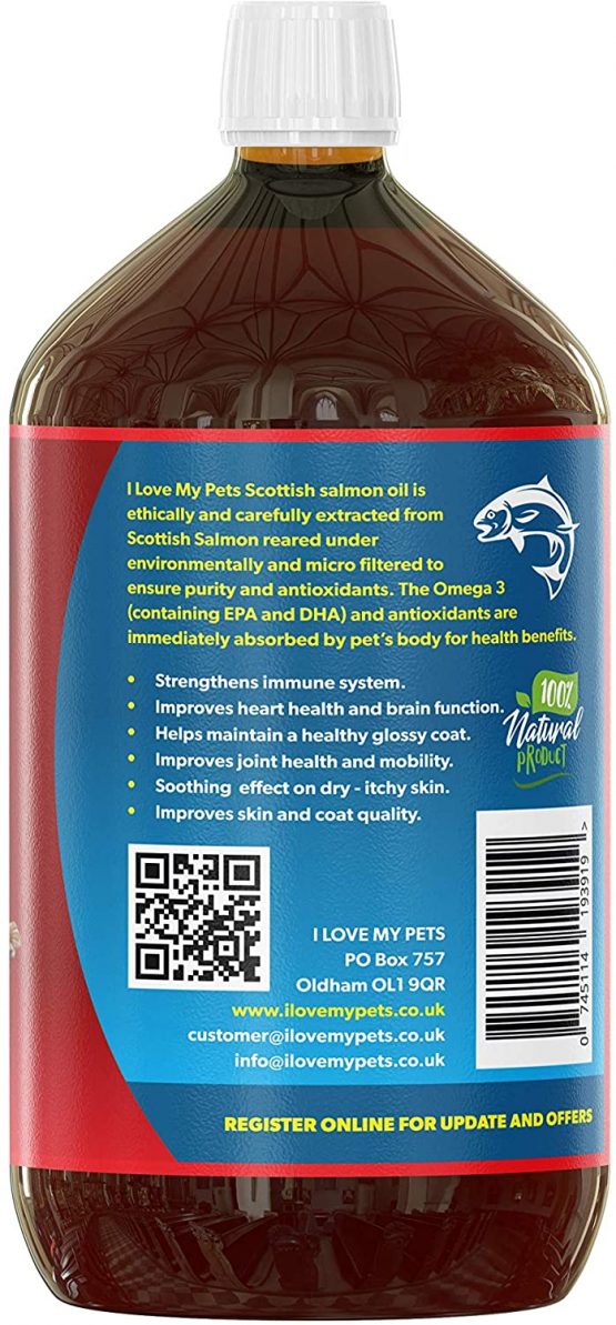 i love my pets SCOTTISH SALMON OIL 1 Litre For Dogs, Cats and Other Animals - 100% Natural Salmon Oil With Omega 3 & 6 - Helps Promote Healthy Skin, Coat, Joints and Brain Function. - Image 2