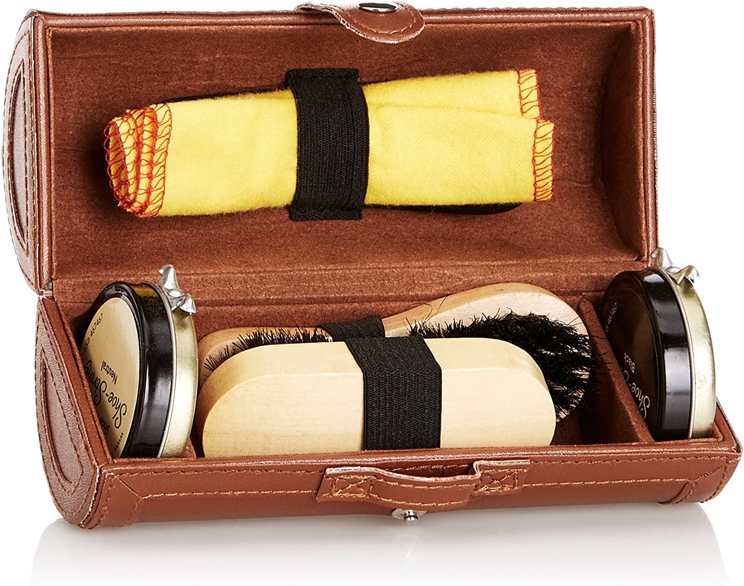 Travel Barrel Luxury Shoe Care Kit, including polish, application brushes and laces, Brown (Brown) - Image 2