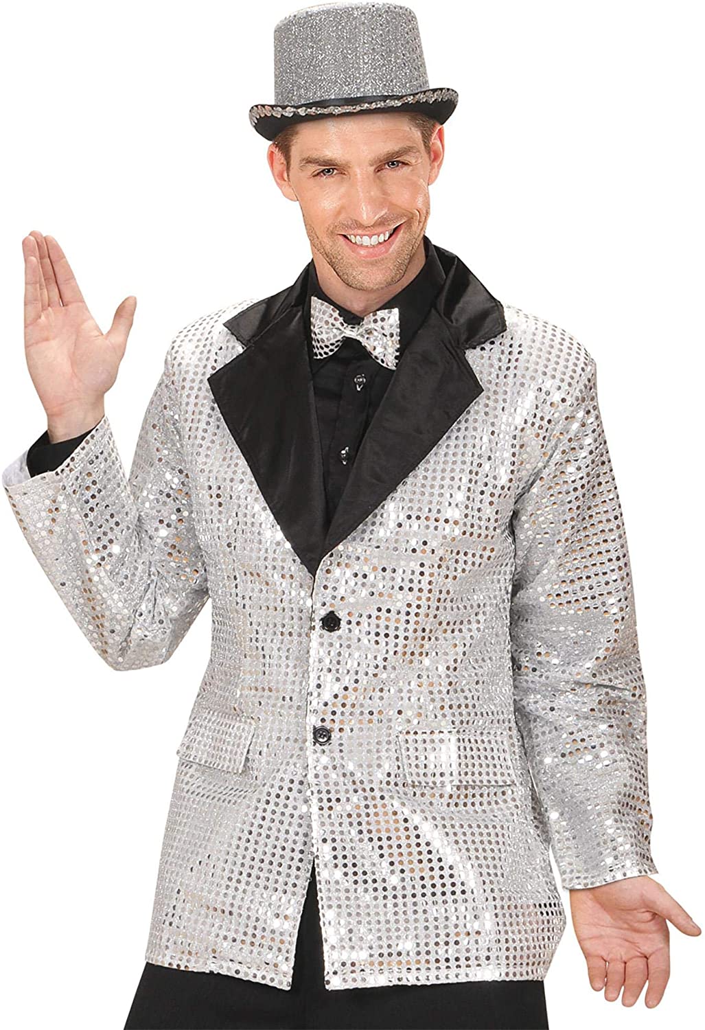 Sequin Jacket withSatin Collar - Silver Accessory for Fancy Dress, M-L - Image 2