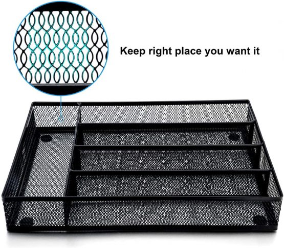 Cutlery Tray, HaWare Cutlery Organizer, Non-Silp 5 Compartments Utensil Drawer Storage, Kitchen/Office, Steel Mesh Silverware Drawer/Holder/Divider, 31.8x23.7x5cm, Rust-Free, Black - Image 3