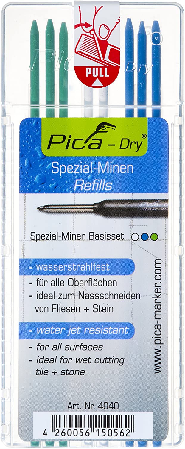 Pica 4040 Dry Refills For Automatic Pencil 3030 Set Of 8 3 Blue,2 White,3 Green, Refill Waterproof/Permanent/Blue/White/Green