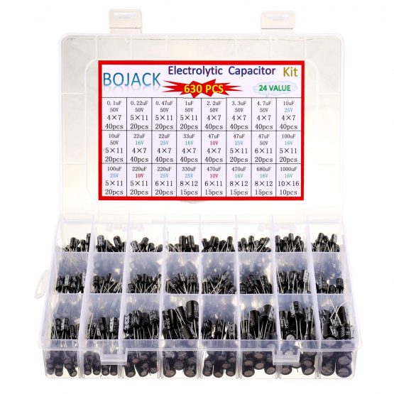 BOJACK 24Value 630pcs Aluminum Electrolytic Capacitor Assortment Box Kit Range 0.1uF－1000uF