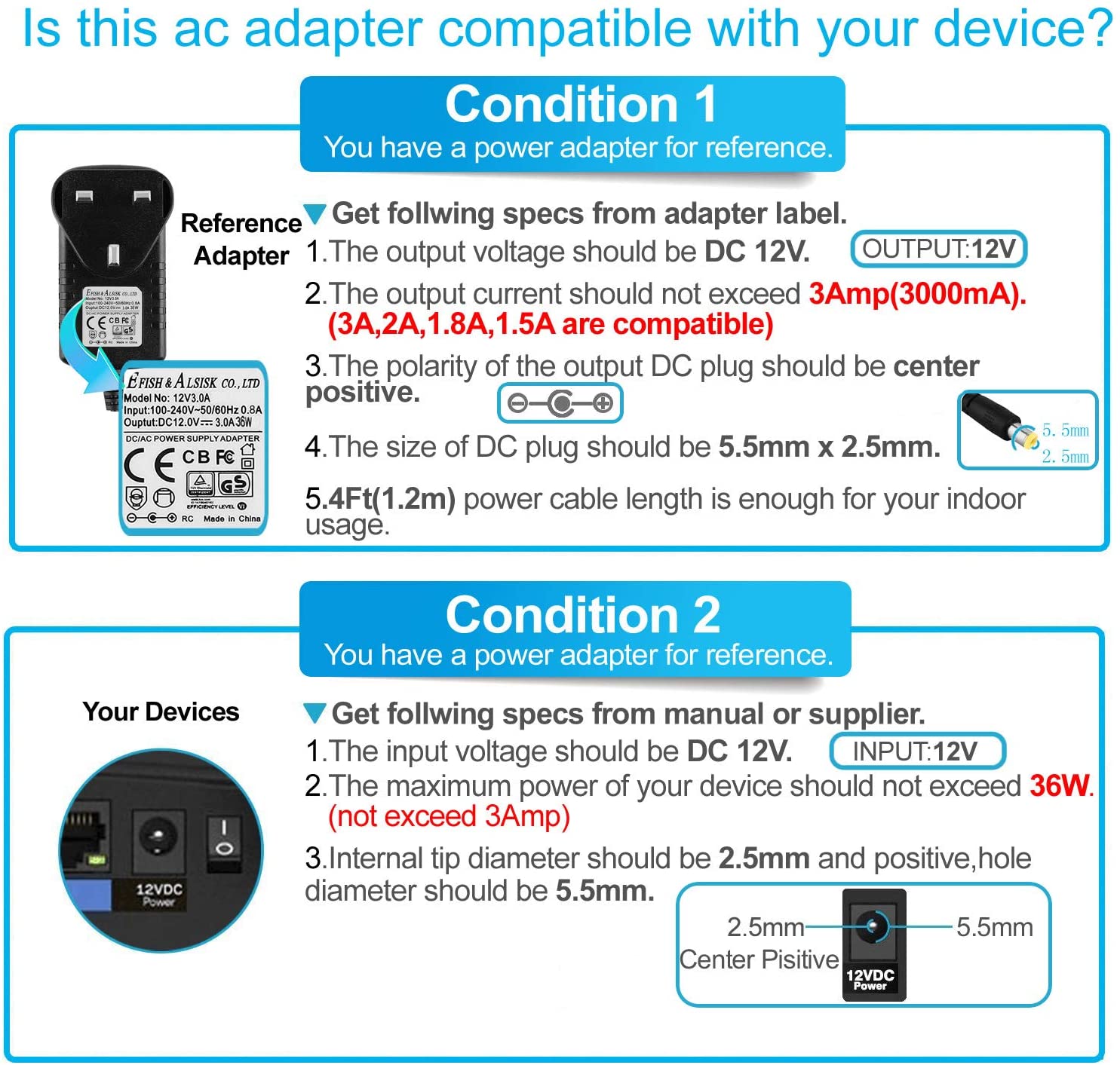 EFISH 12V 3A 36W Power Supply,AC to DC Adapter with 7 Selectable Adapter Conversion Heads fit for Led Strips,CCTV Camera,Cisco Router,Router,Alarm bell,Case Fan,CE Approved - Image 4