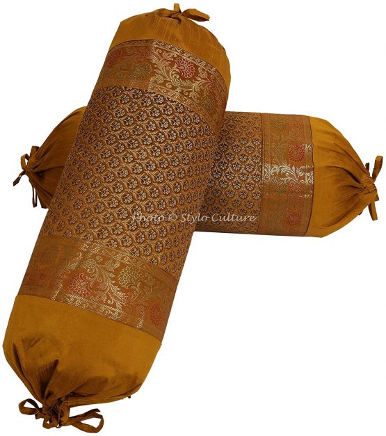 Stylo Culture Indian Polydupion Cylindrical Hotdog Decorative Bolster Pillow Covers Gold Jacquard Brocade Border Floral Large Settee Cylinder Cushion Covers (Set of 2) | 30x15 Inches (76x38 cm) - Image 2