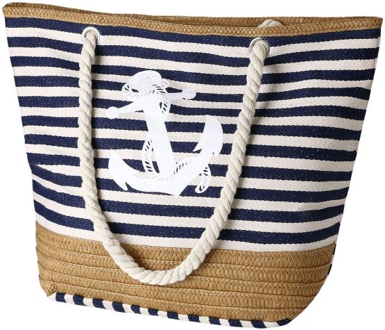 flintronic Women Beach Bag | Canvas Travel Tote Bag | Large Shoulder Bag with Rope Handle for Beach, Holiday, Shopping, Traveling (45cm*32cm*14cm) Anchor Pattern Design (Blue)