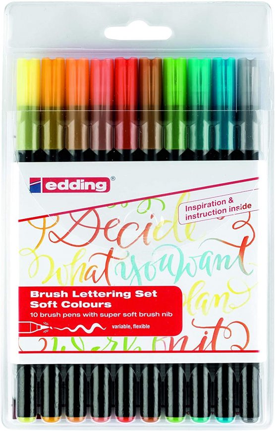 edding 1340 brush pen - set of 10 - soft colours - flexible brush tip - felt-tip pen for painting, writing and drawing - bullet journals, hand lettering, mandalas, calligraphy