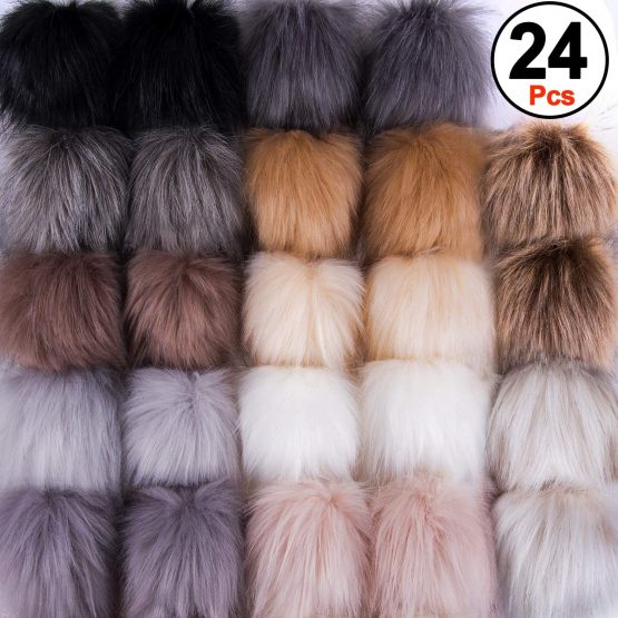 SIQUK 24 Pieces Faux Fur Pom Pom Balls DIY Faux Fox Fur Fluffy Pom Pom with Elastic Loop for Hats Keychains Scarves Gloves Bags Accessories(12 Colours, 2 Pcs for Each Colour)