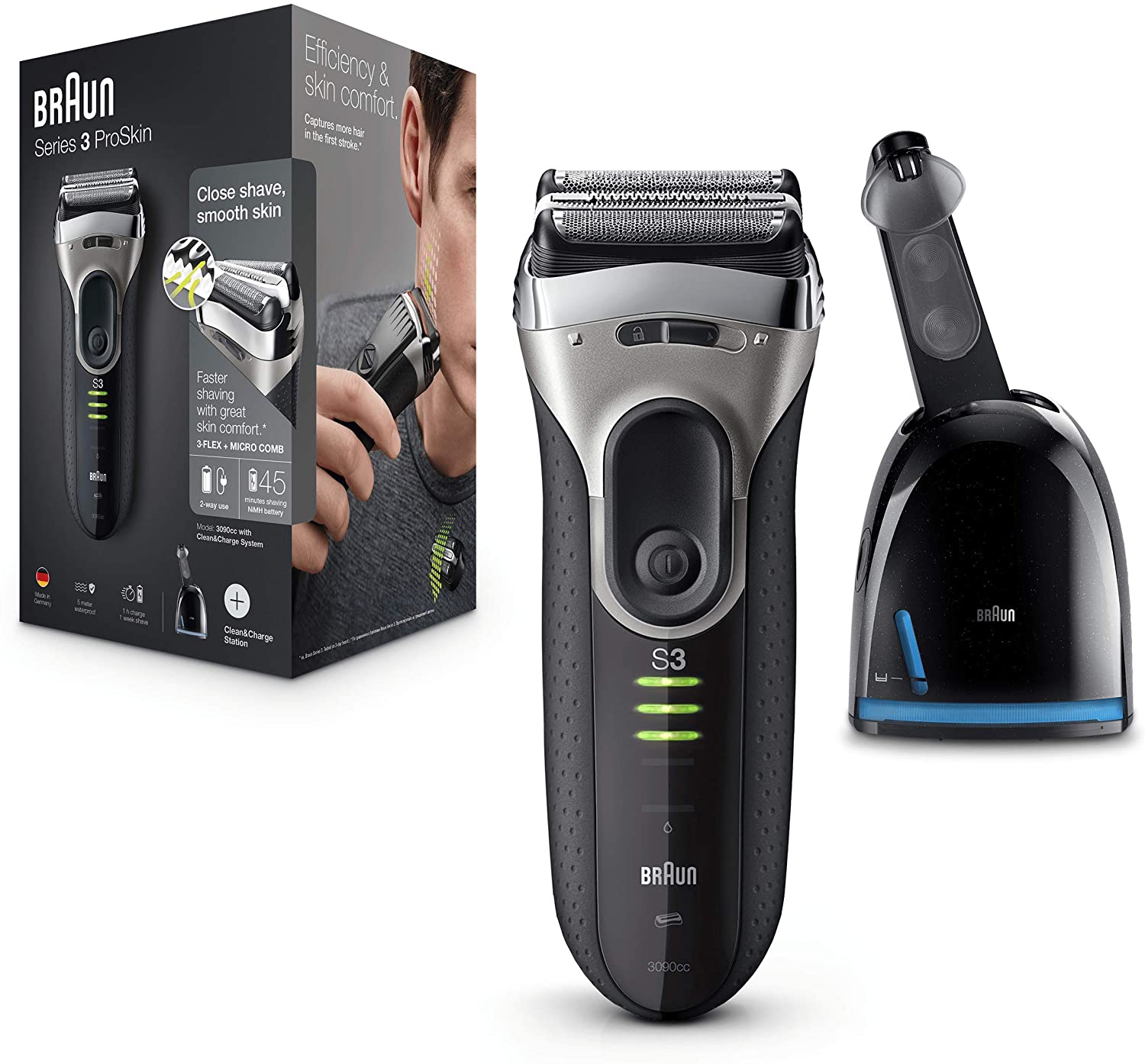 Braun Series 3 ProSkin Electric Shaver For Men With Precision Trimmer, Rechargeable and Cordless, 100% Waterproof, UK 2 Pin Plug, 3000s, Black Razor
