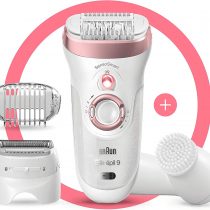 Braun Silk-épil 9 Epilator Hair Removal, Includes Facial Cleansing Brush High Frequency Massage Cap Shaver & Trimmer Head, Cordless, Wet & Dry, 100% Waterproof, 2 Pin Bathroom Plug, 9-880, White/Pink