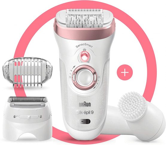 Braun Silk-épil 9 Epilator Hair Removal, Includes Facial Cleansing Brush High Frequency Massage Cap Shaver & Trimmer Head, Cordless, Wet & Dry, 100% Waterproof, 2 Pin Bathroom Plug, 9-880, White/Pink