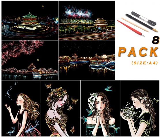 SiYear Rainbow Scratch Painting Paper, City Series Night Scene,Scratch Painting Creative Gift,Scratchboard for Adult and Kids,with 4 Tools,Size:11.7''x8.3''（8pack）