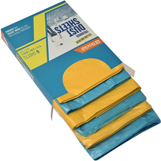 Brackit Premium Lightweight Disposable Yellow & Blue Coloured Dust Sheets - 6-Pack 3.6m x 2.7m (12x9ft) - Polythene Dustproof Waterproof Sheets