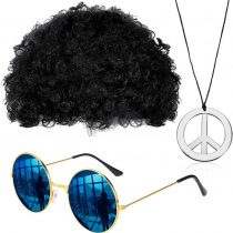 Gejoy Hippie Costume Set Funky Afro Wig Sunglasses Peace Sign Necklace for 50/60/70s Theme Party (Black)