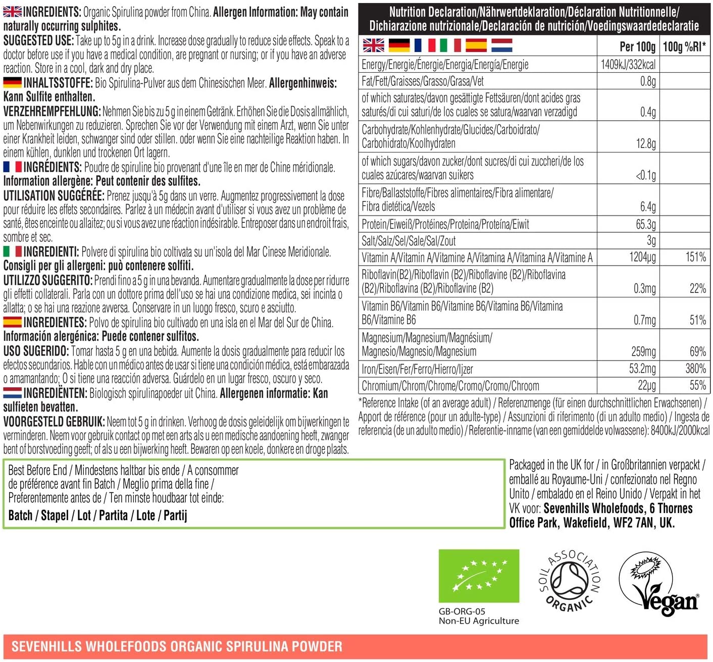 Sevenhills Wholefoods Organic Spirulina Powder 500g, 500 g (Pack of 1) - Image 3