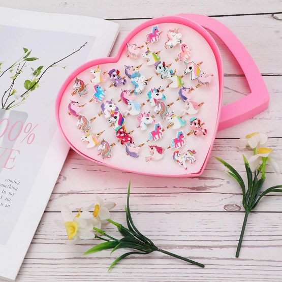 HOWAF 36pcs Unicorn Party Supplies, Little Girls Adjustable Rings Princess Dress Up Decoration Play Jewelry Rings in Box for Children Kids Party Bag Fillers Unicorn Gift Girls - Image 2