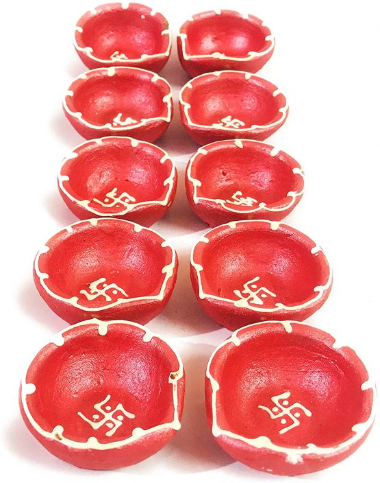 Craftsman 10 Pc Set of Clay Diya with Cotton Wicks Batti Traditional Terracotta Natural Earthen Oil Lamp Deepak Welcome Dia Diwali Deepawali Decoration Kutthu Vilakku Deep Indian Gift Items - Image 2