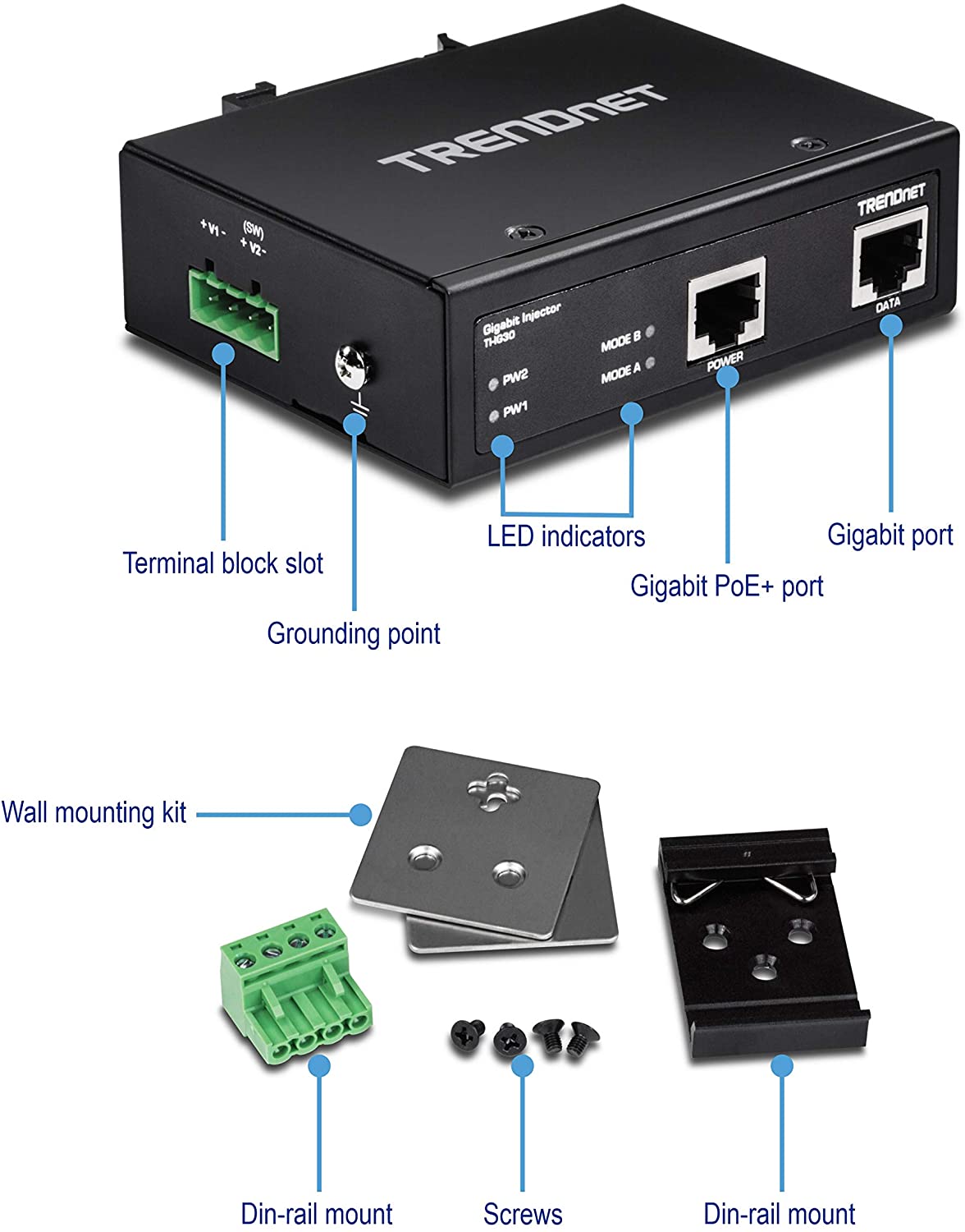 TRENDnet TI-IG30 Hardened Industrial Gigabit PoE+ Injector, Black - Image 2