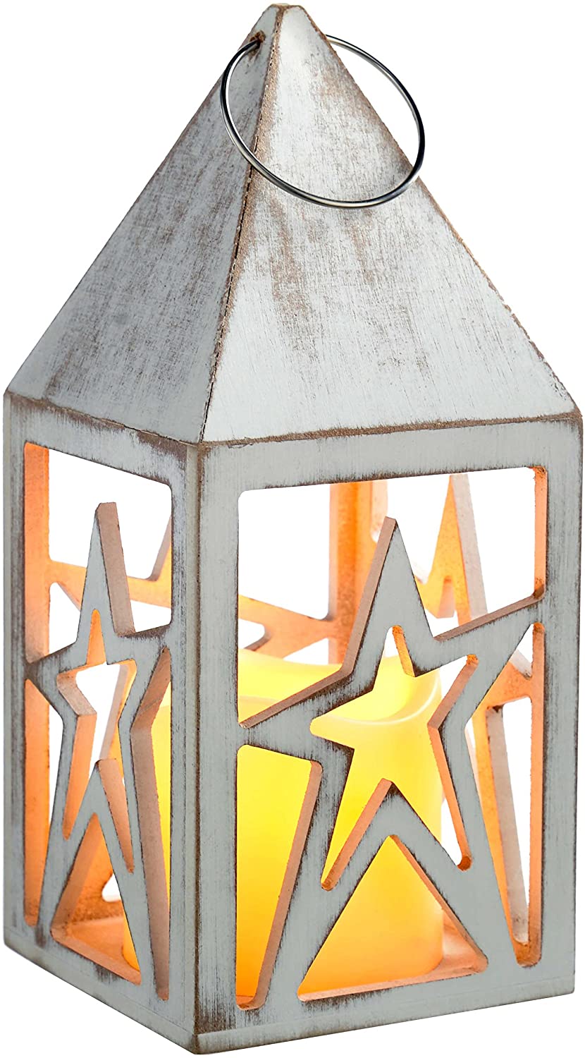 WeRChristmas Pre-Lit Star Lantern Christmas Decoration, Wood, Antique White, 21 cm, 10.5x10.5x21.5 cm