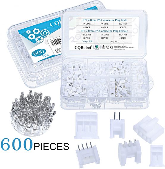 CQRobot 600 Pieces 2.0mm JST-PA JST Connector Kit. 2.0mm Pitch Female Pin Header, JST PA - 2/3/4 Pin Housing JST Adapter Cable Connector Socket Male and Female, Crimp DIP Kit.