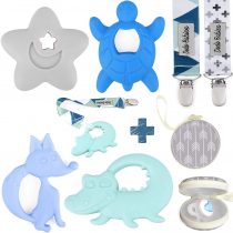 Teething Toys by Dodo Babies Pack of 4 + 2 Dummy Clips and A Dummy Case, Premium Quality Animals Teether Pain Relief for Boys and Girls, Chew Toy or Soothie, Baby Shower Gift Set