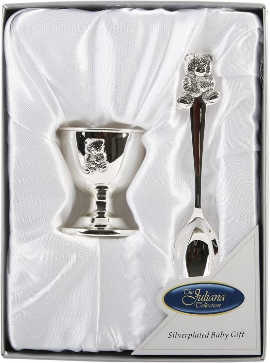 Silver Plated Teddy Spoon and Egg Cup - New Baby, Christening Gift for Boy or Girl (6305NT))