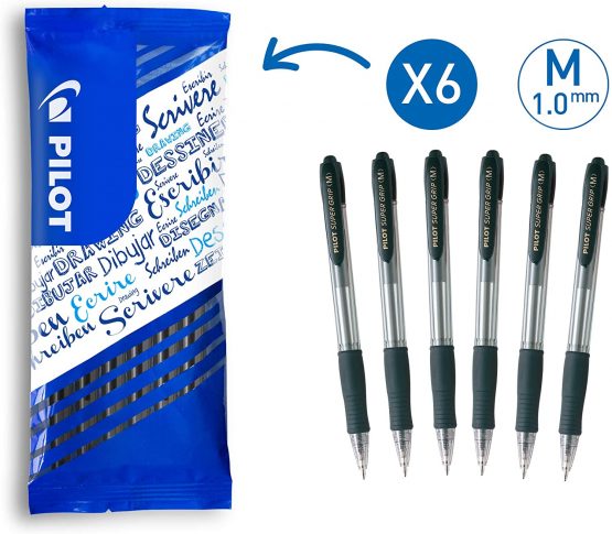 Pilot Super Grip Ballpoint Pens, Set of 6 in M (Black)