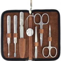 Nippes Solingen Nippes Premium Line Manicure Set 6 Pieces Stainless Steel Rust and Nickel Genuine Cowhide Leather Case with Zip Fastener Brown